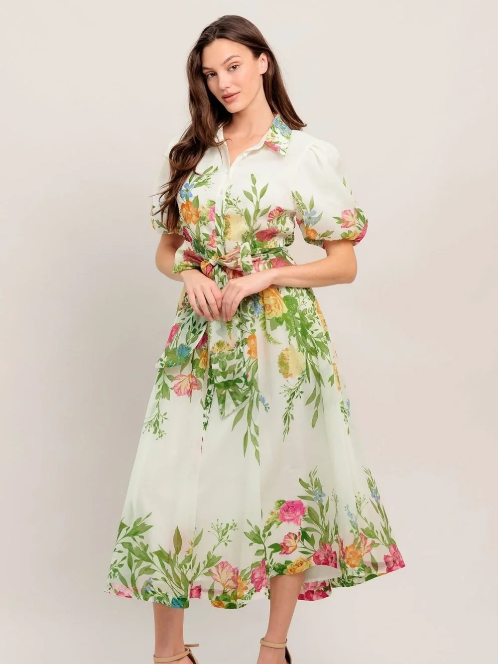 Flying Tomato Midi Floral Tie-Waist Dress in Cream and Green with Bell Sleeves - Picture 6 of 16